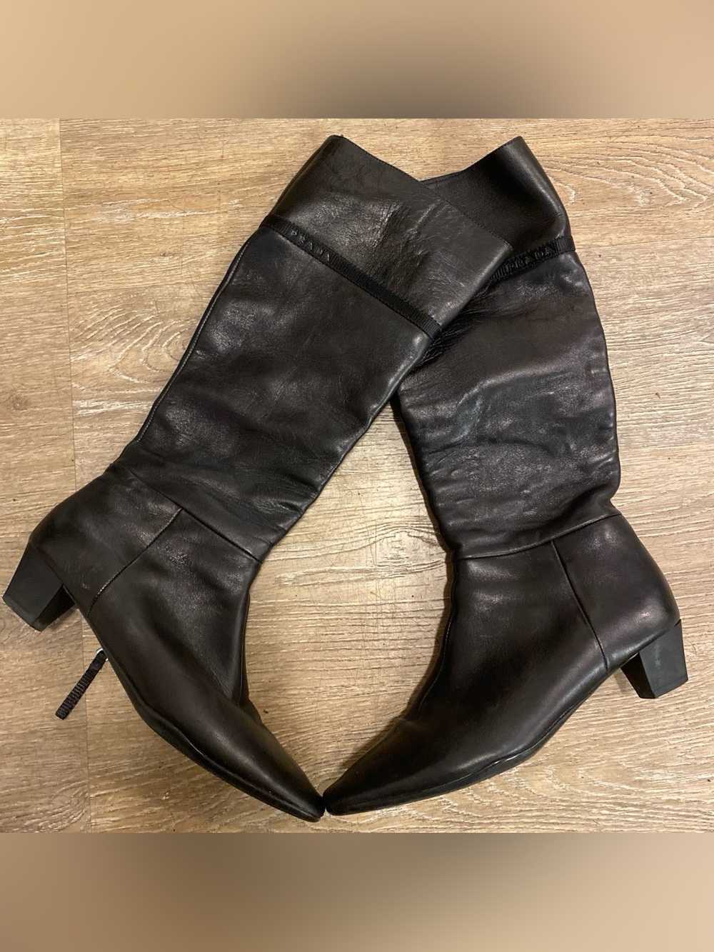Prada Black Leather Mid-Calf Pointed Toe Boots